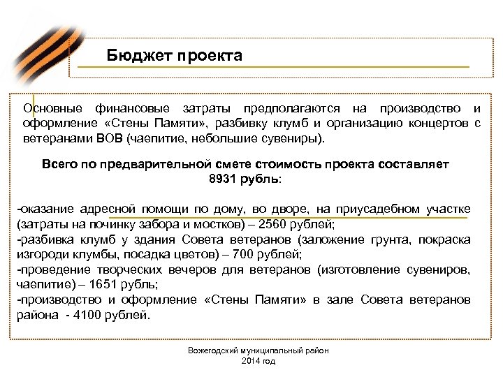 Бюджет проекта Основные финансовые затраты предполагаются на производство и оформление «Стены Памяти» , разбивку