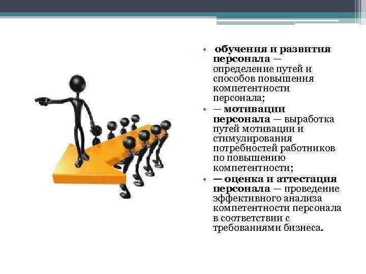  • обучения и развития персонала — определение путей и способов повышения компетентности персонала;