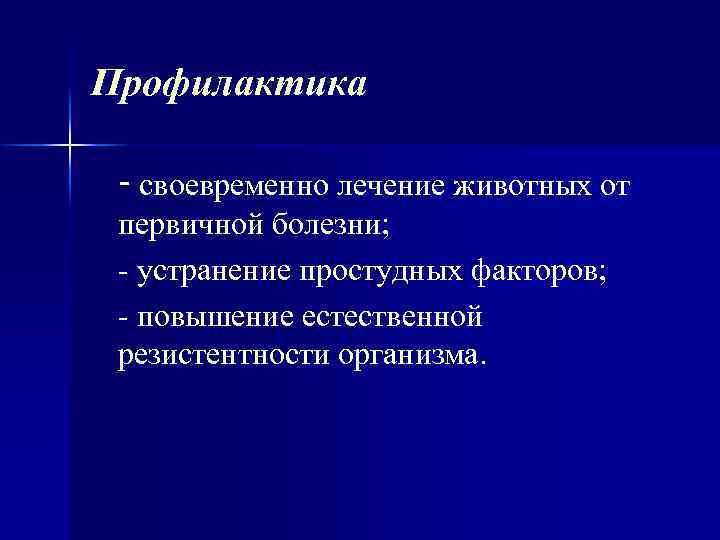 Профилактика - своевременно лечение животных от первичной болезни; устранение простудных факторов; повышение естественной резистентности