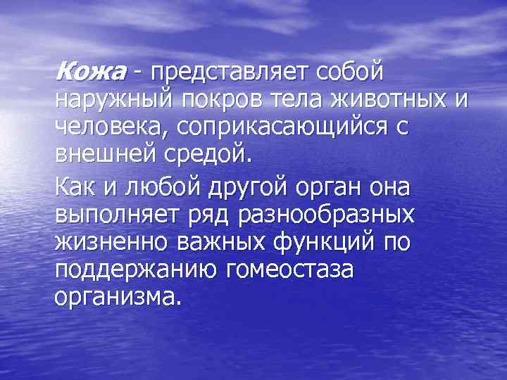 Кожа - представляет собой наружный покров тела животных и человека, соприкасающийся с внешней средой.