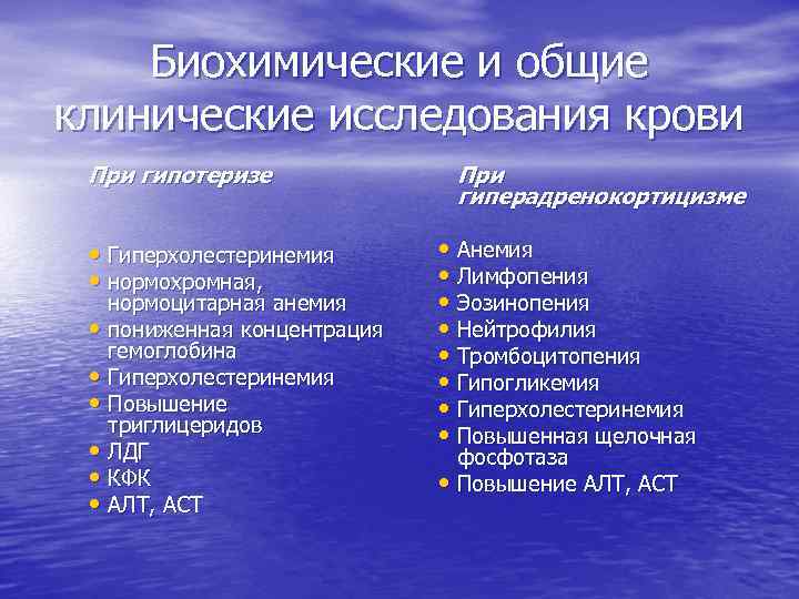 Биохимические и общие клинические исследования крови При гипотеризе • Гиперхолестеринемия • нормохромная, нормоцитарная анемия