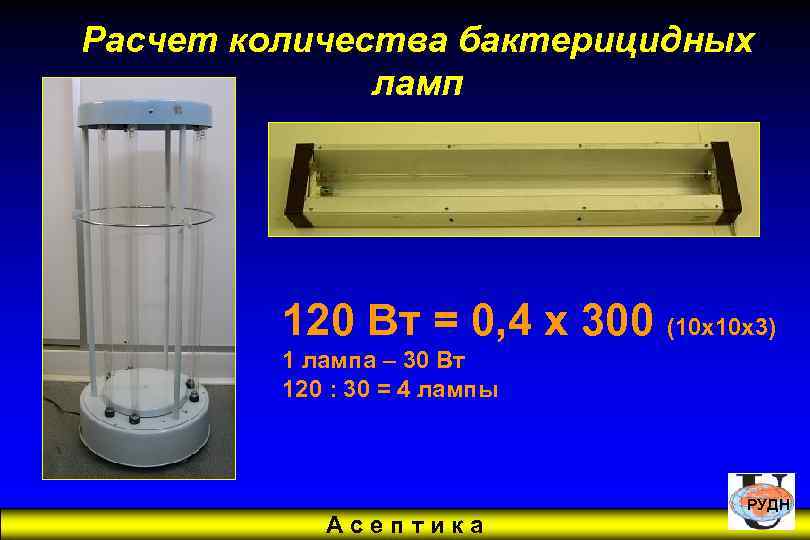 Расчет количества бактерицидных ламп 120 Вт = 0, 4 х 300 (10 х10 х3)