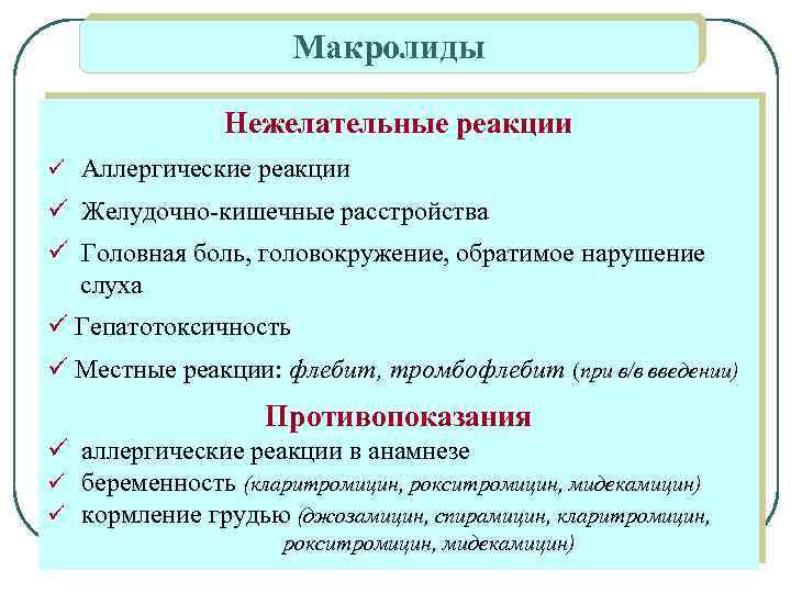 Макролиды Нежелательные реакции ü Аллергические реакции ü Желудочно-кишечные расстройства ü Головная боль, головокружение, обратимое