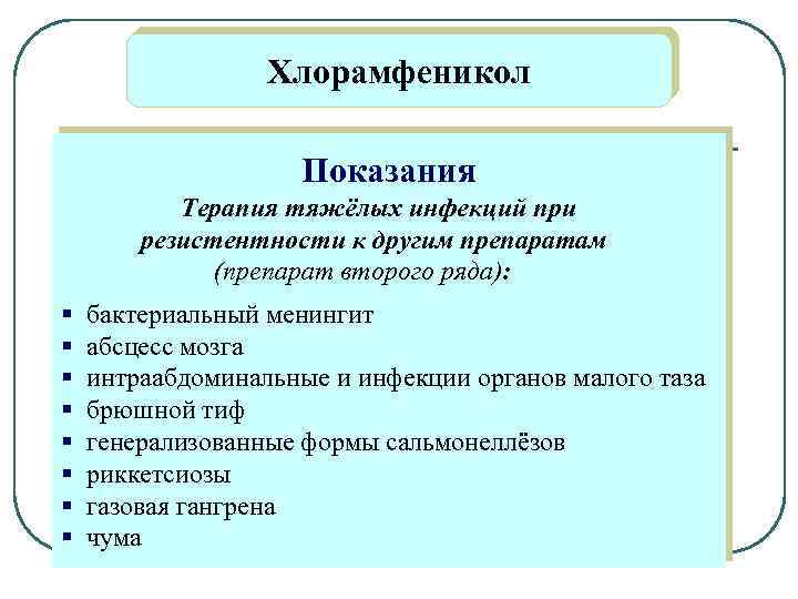 Хлорамфеникол Показания Терапия тяжёлых инфекций при резистентности к другим препаратам (препарат второго ряда): §