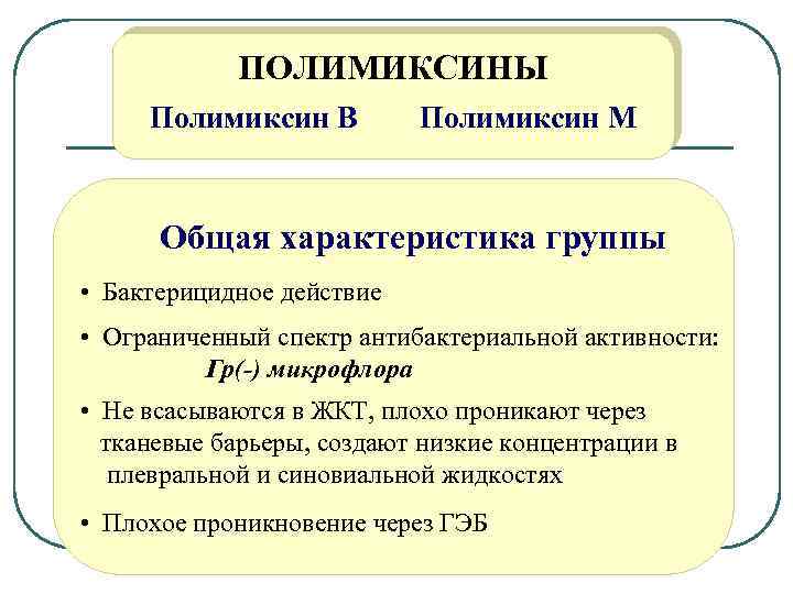 ПОЛИМИКСИНЫ Полимиксин В Полимиксин М Общая характеристика группы • Бактерицидное действие • Ограниченный спектр