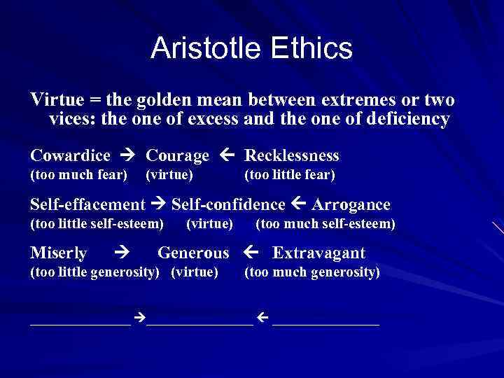 Aristotle Ethics Virtue = the golden mean between extremes or two vices: the one