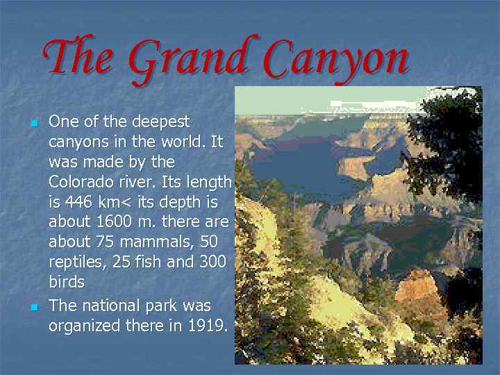 The Grand Canyon n n One of the deepest canyons in the world. It