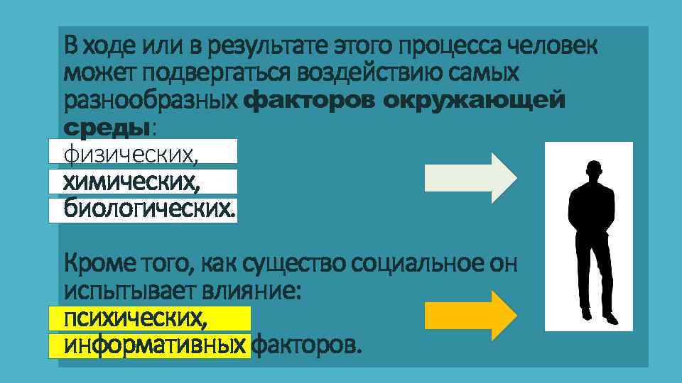 В ходе или в результате этого процесса человек может подвергаться воздействию самых разнообразных факторов
