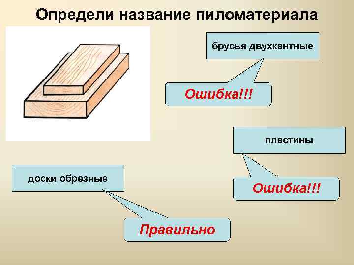 Определи название пиломатериала брусья двухкантные Ошибка!!! пластины доски обрезные Ошибка!!! Правильно 