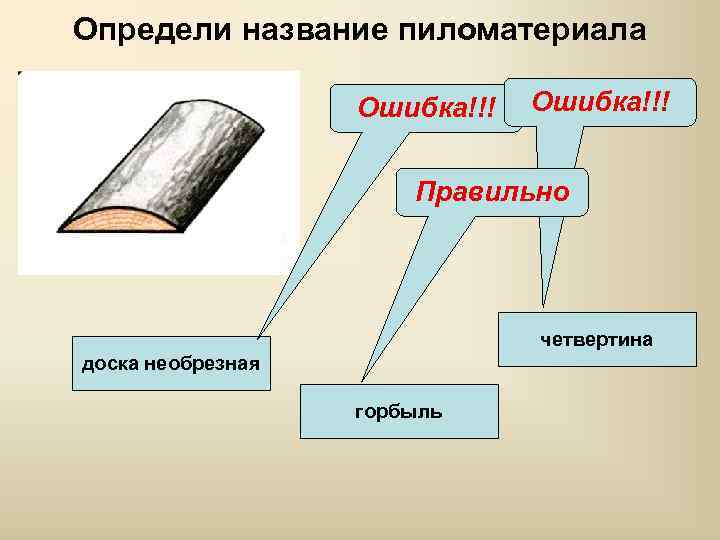 Определи название пиломатериала Ошибка!!! Правильно четвертина доска необрезная горбыль 