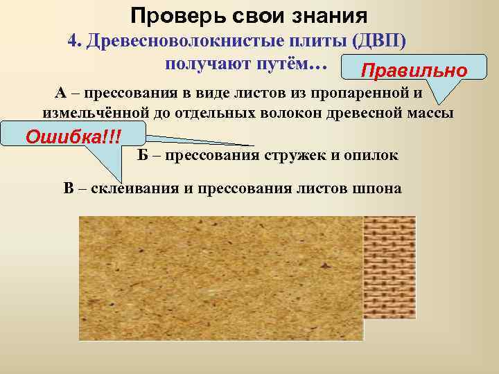 Проверь свои знания 4. Древесноволокнистые плиты (ДВП) получают путём… Правильно А – прессования в