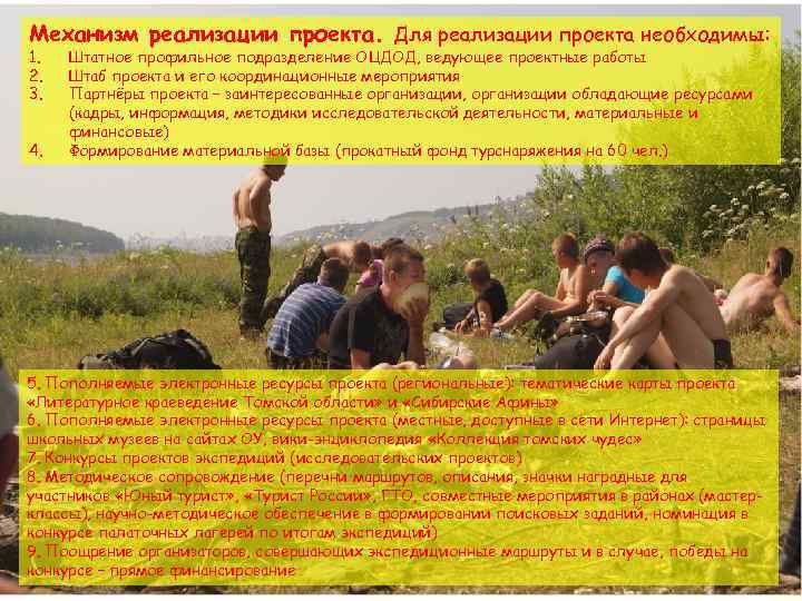 Механизм реализации проекта. Для реализации проекта необходимы: 1. 2. 3. 4. Штатное профильное подразделение