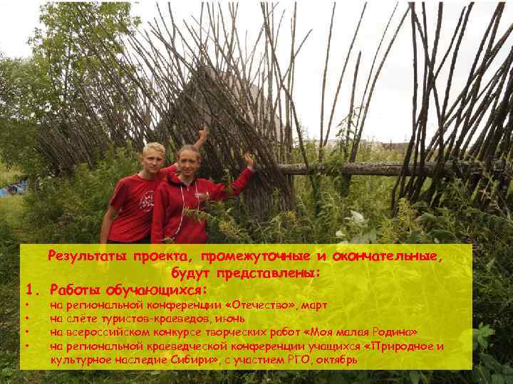 Результаты проекта, промежуточные и окончательные, будут представлены: 1. Работы обучающихся: • • на региональной