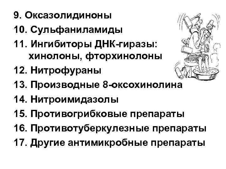 9. Оксазолидиноны 10. Сульфаниламиды 11. Ингибиторы ДНК-гиразы: хинолоны, фторхинолоны 12. Нитрофураны 13. Производные 8