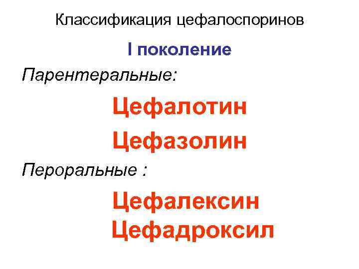 Классификация цефалоспоринов I поколение Парентеральные: Цефалотин Цефазолин Пероральные : Цефалексин Цефадроксил 