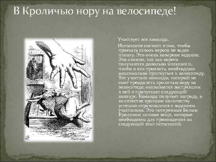 В Кроличью нору на велосипеде! Участвует вся команда. Испытание состоит в том, чтобы проехать