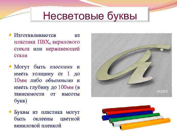 Несветовые буквы Изготавливаются из пластика ПВХ, акрилового стекла или нержавеющей стали Могут быть плоскими