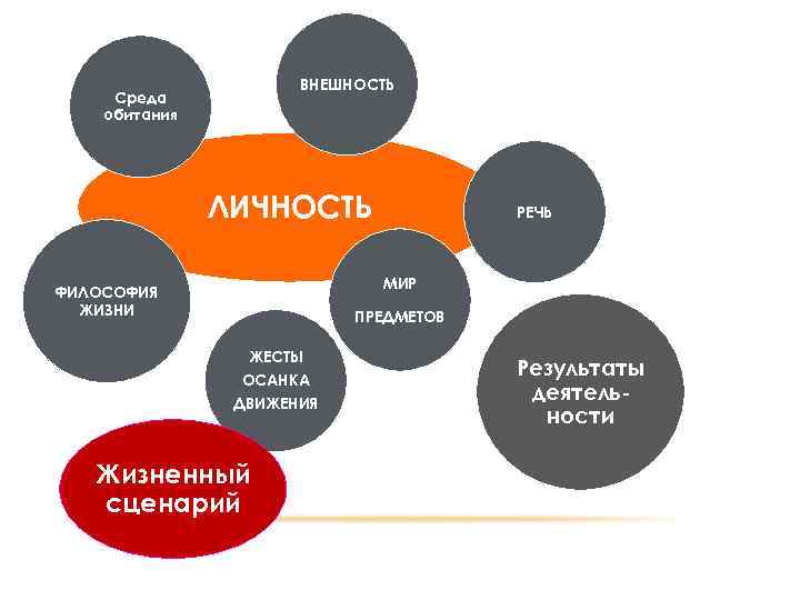 ВНЕШНОСТЬ Среда обитания ЛИЧНОСТЬ РЕЧЬ МИР ФИЛОСОФИЯ ЖИЗНИ ПРЕДМЕТОВ ЖЕСТЫ ОСАНКА ДВИЖЕНИЯ Жизненный сценарий