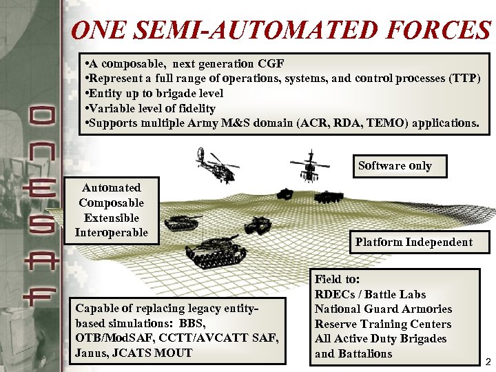 ONE SEMI-AUTOMATED FORCES • A composable, next generation CGF • Represent a full range