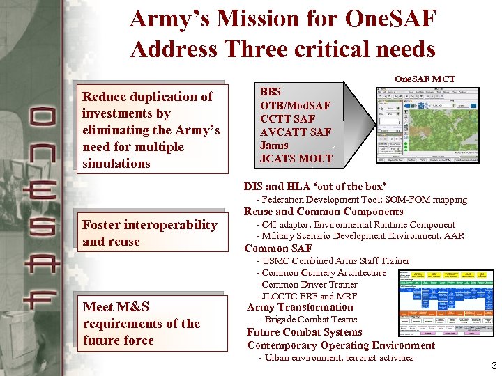 Army’s Mission for One. SAF Address Three critical needs One. SAF MCT Reduce duplication
