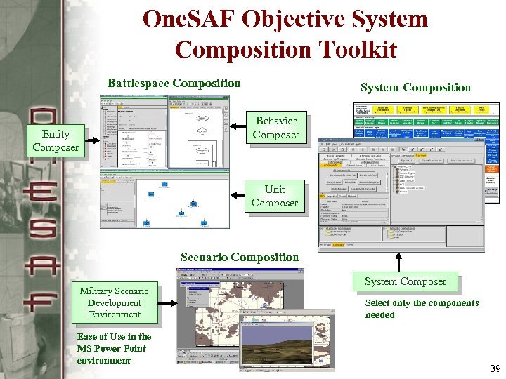 One. SAF Objective System Composition Toolkit Battlespace Composition System Composition Behavior Composer Entity Composer