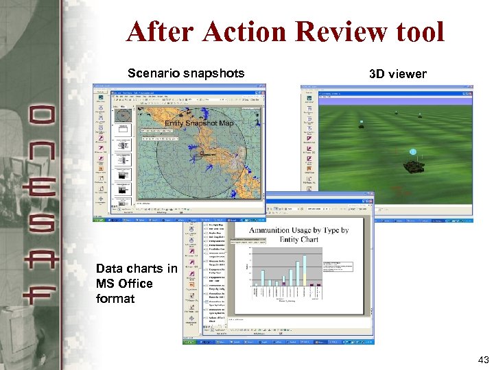 After Action Review tool Scenario snapshots 3 D viewer Data charts in MS Office