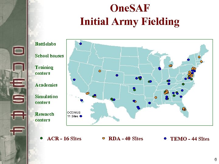 One. SAF Initial Army Fielding Battlelabs School houses Training centers Academies Simulation centers Research