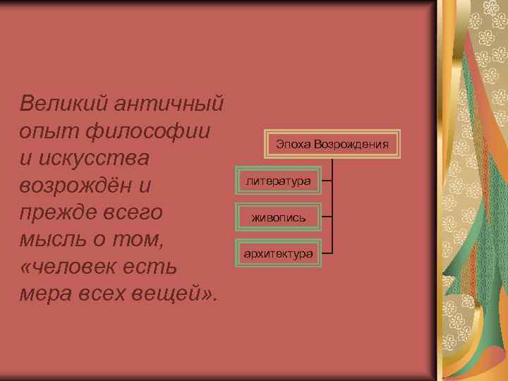Великий античный опыт философии и искусства возрождён и прежде всего мысль о том, «человек
