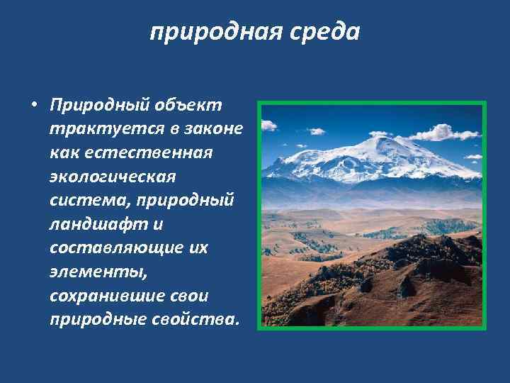 природная среда • Природный объект трактуется в законе как естественная экологическая система, природный ландшафт