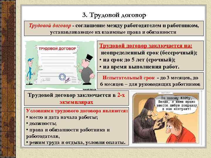 3. Трудовой договор - соглашение между работодателем и работником, устанавливающее их взаимные права и