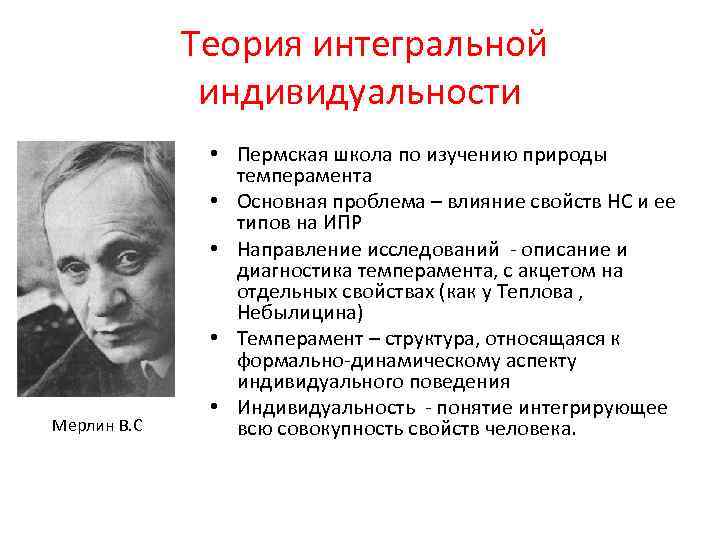  Теория интегральной индивидуальности Мерлин В. С • Пермская школа по изучению природы темперамента