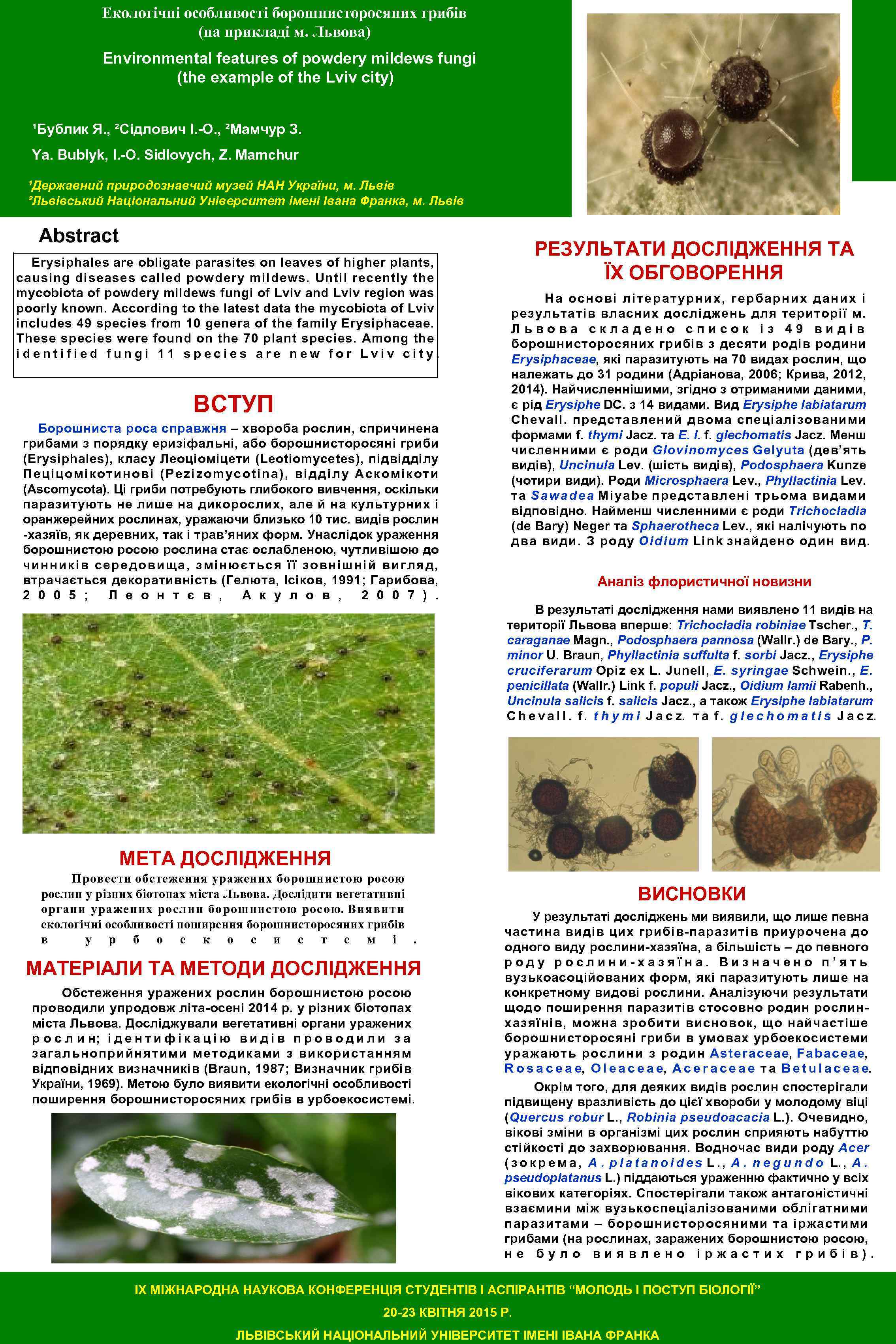 Екологічні особливості борошнисторосяних грибів (на прикладі м. Львова) Environmental features of powdery mildews fungi