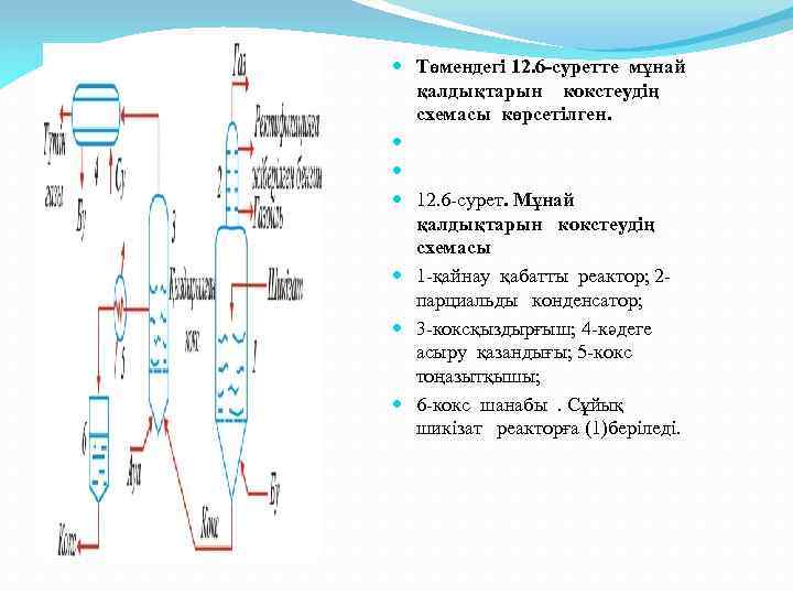  Төмендегi 12. 6 -суретте мұнай қалдықтарын кокстеудiң схемасы көрсетiлген. 12. 6 -сурет. Мұнай