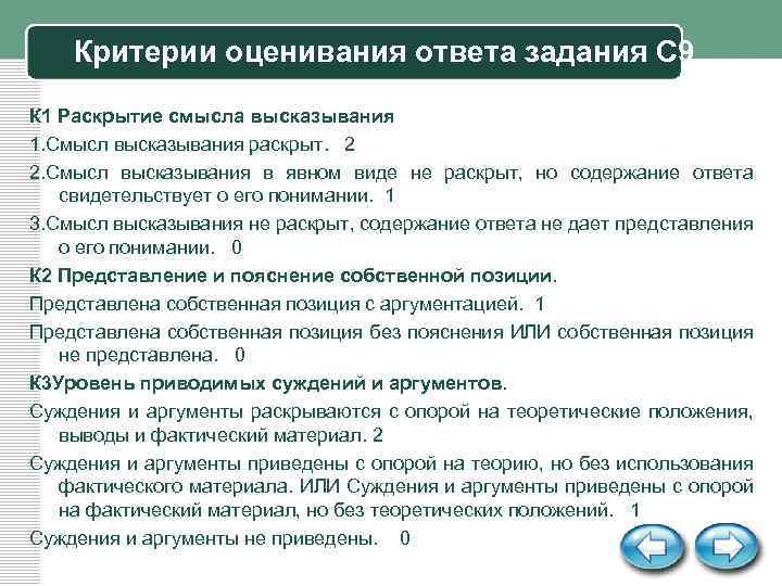Критерии оценивания ответа задания С 9 К 1 Раскрытие смысла высказывания 1. Смысл высказывания