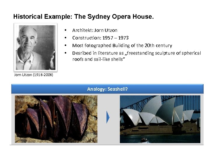 Historical Example: The Sydney Opera House. • • Architekt: Jorn Utzon Construction: 1957 –