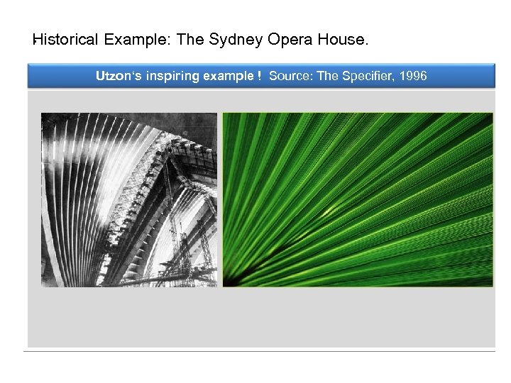 . Historical Example: The Sydney Opera House. Utzon‘s inspiring example ! Source: The Specifier,