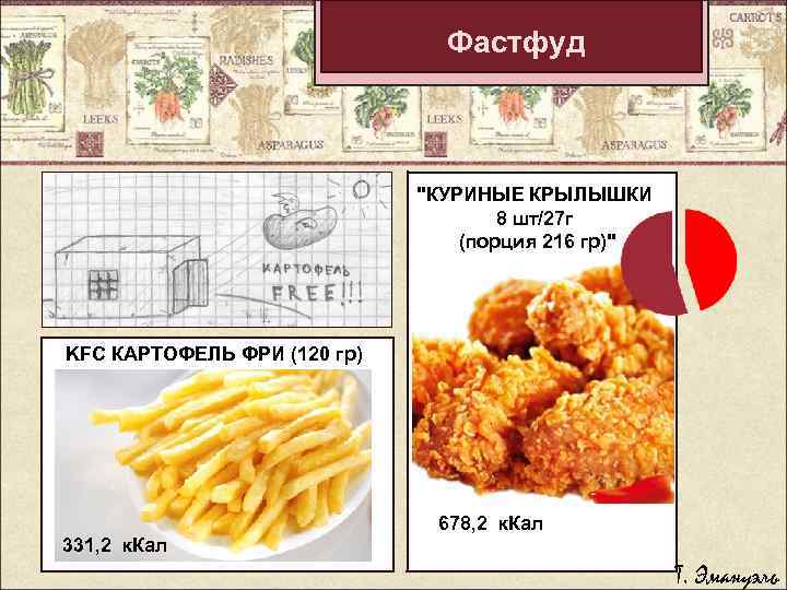 Фастфуд "КУРИНЫЕ КРЫЛЫШКИ 8 шт/27 г (порция 216 гр)" KFC КАРТОФЕЛЬ ФРИ (120 гр)