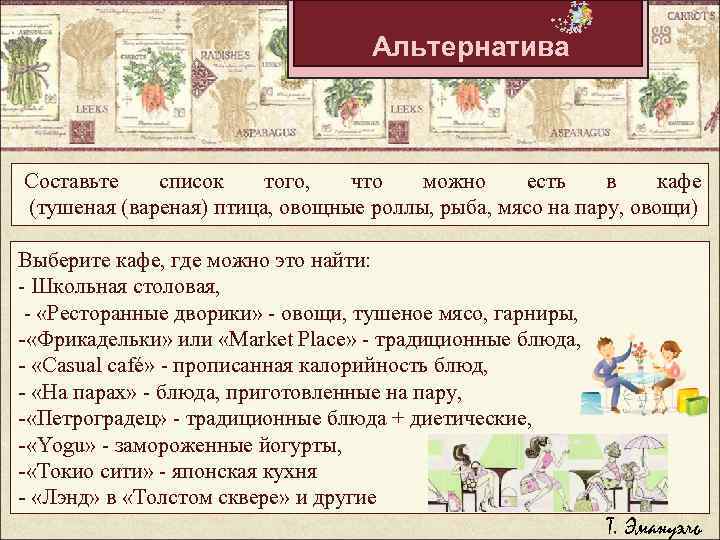 Альтернатива Составьте список того, что можно есть в кафе (тушеная (вареная) птица, овощные роллы,