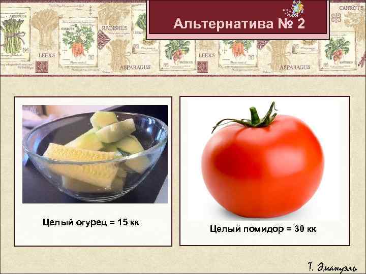 Альтернатива № 2 Целый огурец = 15 кк Целый помидор = 30 кк Т.
