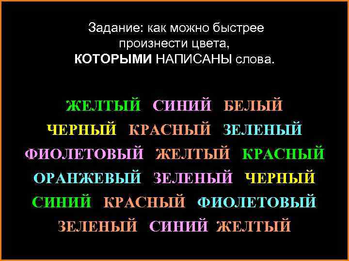 Задание: как можно быстрее произнести цвета, КОТОРЫМИ НАПИСАНЫ слова. ЖЕЛТЫЙ СИНИЙ БЕЛЫЙ ЧЕРНЫЙ КРАСНЫЙ