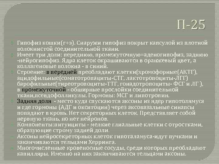 П-25 Гипофиз кошки(г+э). Снаружи гипофиз покрыт капсулой из плотной волокнистой соединительной ткани. Имеет три