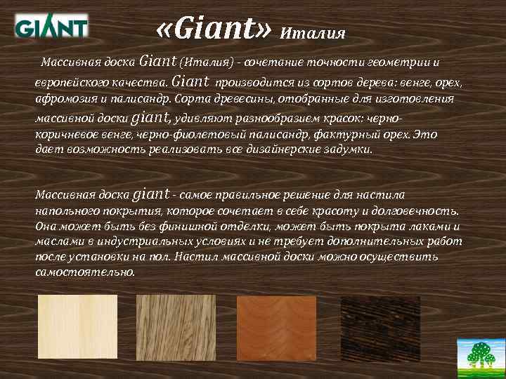  «Giant» Италия Массивная доска Giant (Италия) - сочетание точности геометрии и европейского качества.