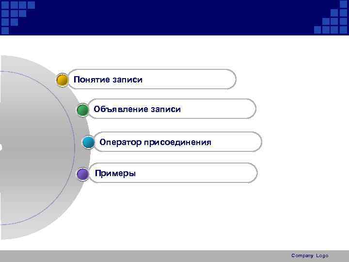 Понятие записи Объявление записи Оператор присоединения Примеры Company Logo 