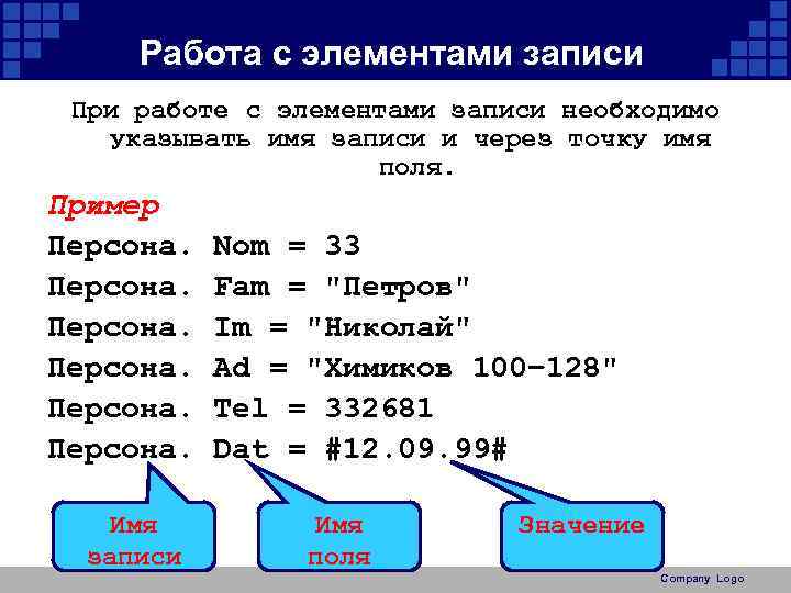 Работа с элементами записи При работе с элементами записи необходимо указывать имя записи и