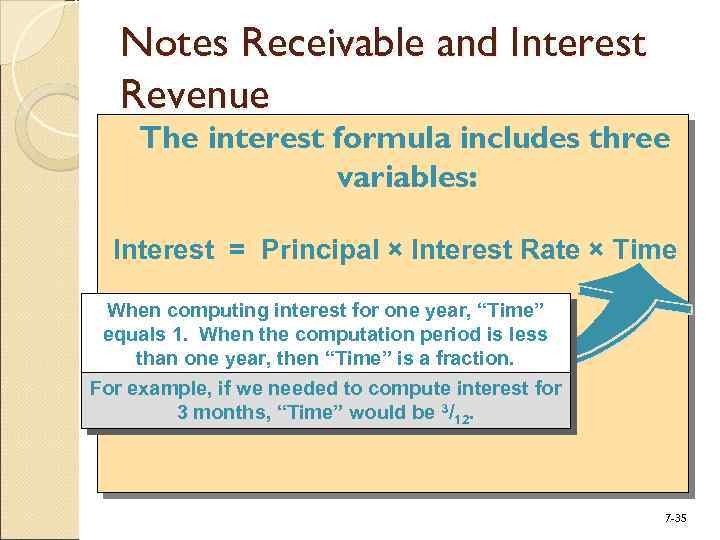 Notes Receivable and Interest Revenue The interest formula includes three variables: Interest = Principal