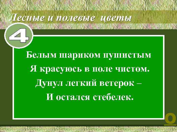 Лесные и полевые цветы Белым шариком пушистым Я красуюсь в поле чистом. Дунул легкий