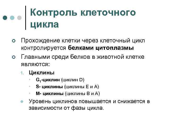 Контроль клеточного цикла ¢ ¢ Прохождение клетки через клеточный цикл контролируется белками цитоплазмы Главными