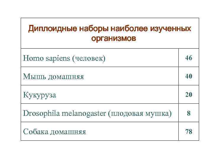 Диплоидные наборы наиболее изученных организмов Homo sapiens (человек) 46 Мышь домашняя 40 Кукуруза 20