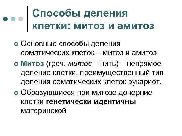 Способы деления клетки: митоз и амитоз Основные способы деления соматических клеток – митоз и