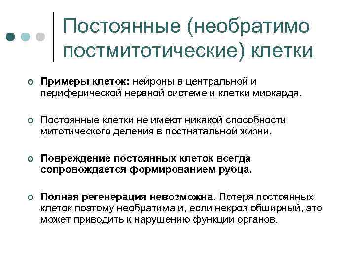 Постоянные (необратимо постмитотические) клетки ¢ Примеры клеток: нейроны в центральной и периферической нервной системе